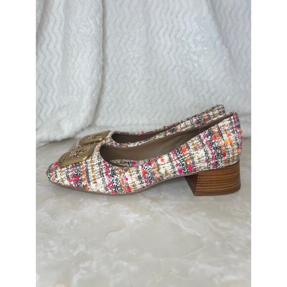 Tory Burch Pink Cream Gold Tweed Wooden Block Heel Georgia Pump Womens 7 US - Picture 7 of 14